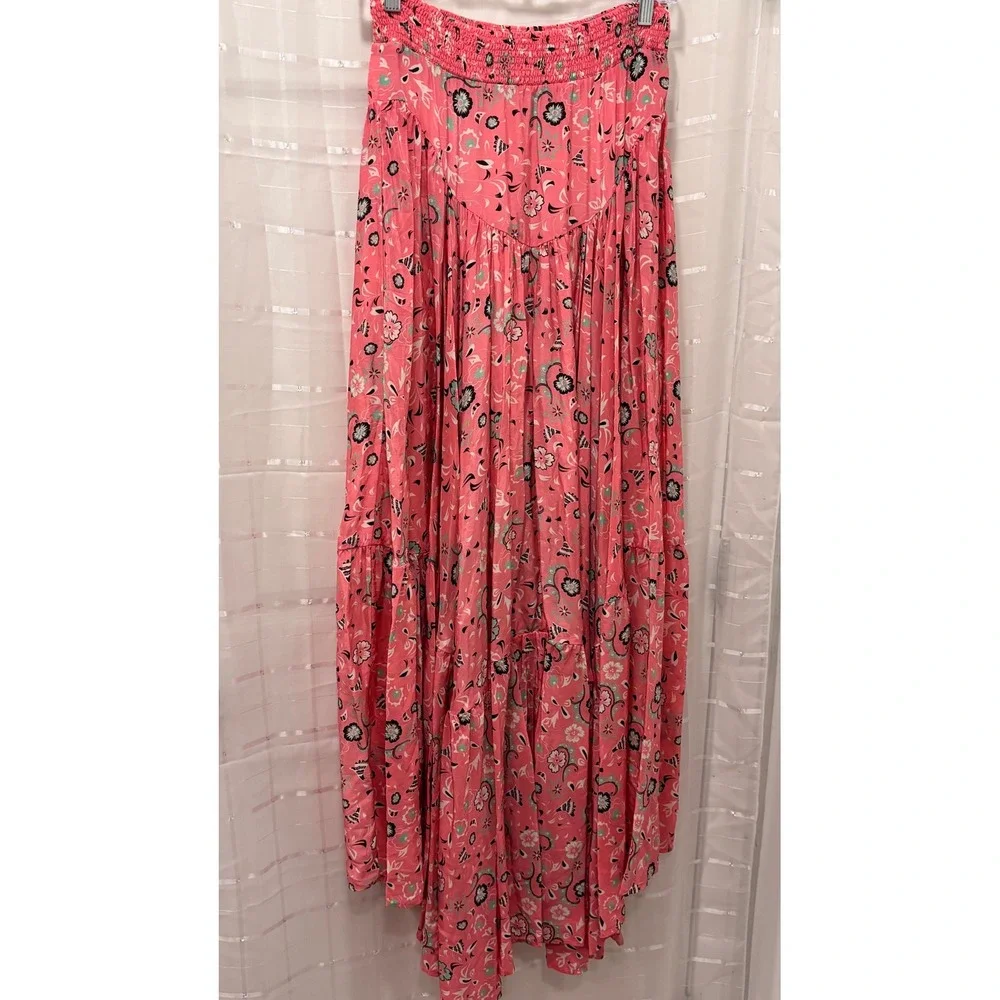 Mimi Liberte Michel Klein Pink Floral Silk Maxi Skirt Smocked Tiered Size 36 NEW
